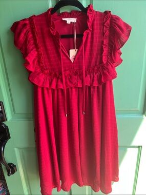 entro Red Ruffle-Trim Flutter Sleeve Dress